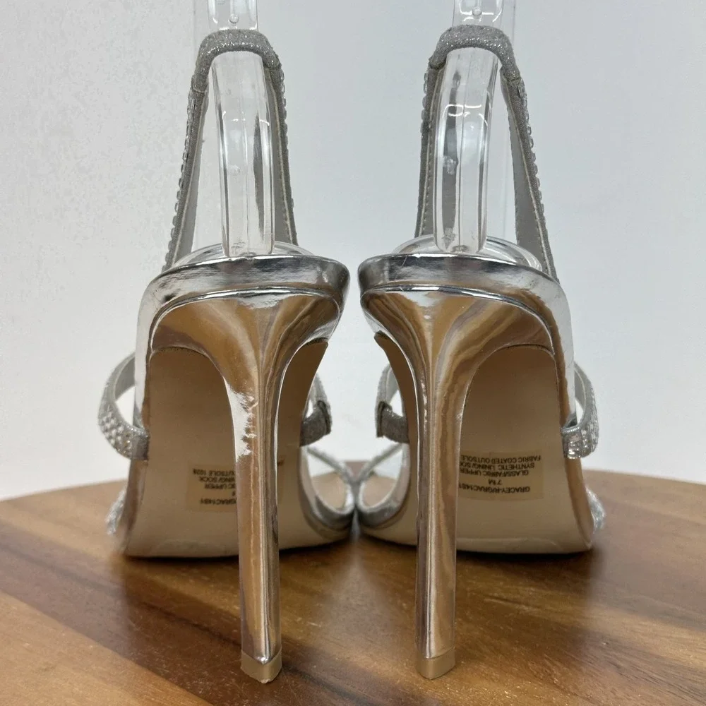 Womens Steve Madden Gracey Silver‎ Rhinestone Slingback Heeled Sandals Size 7 M